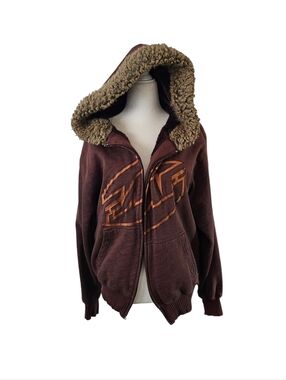 FMF Vintage y2k Brown Faux Fur Hood Jacket Sweater Small READ FLAW
